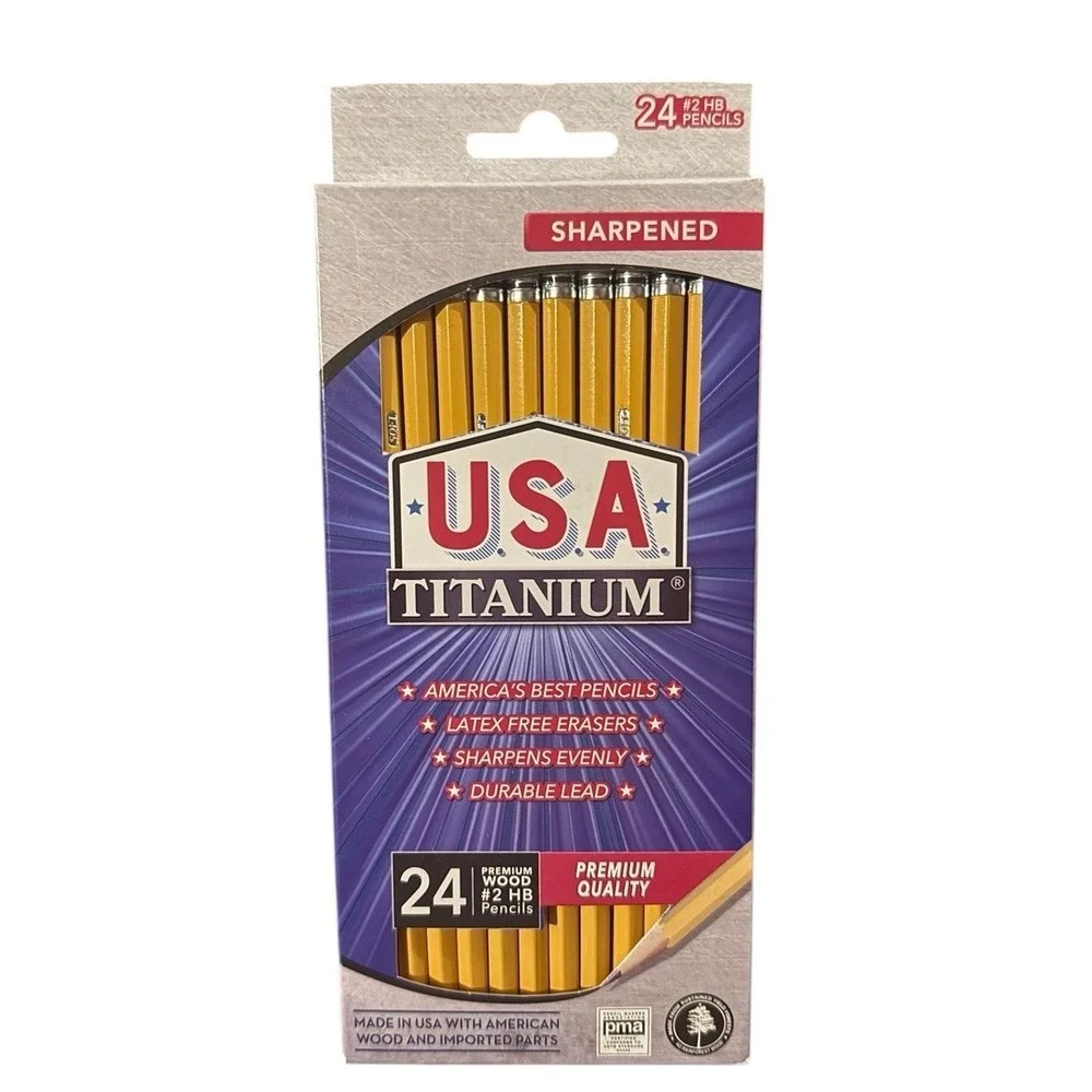 USA Titanium Premium Wood #2 HB Pencils, Long Lasting Erasers 24 CT Sharpened